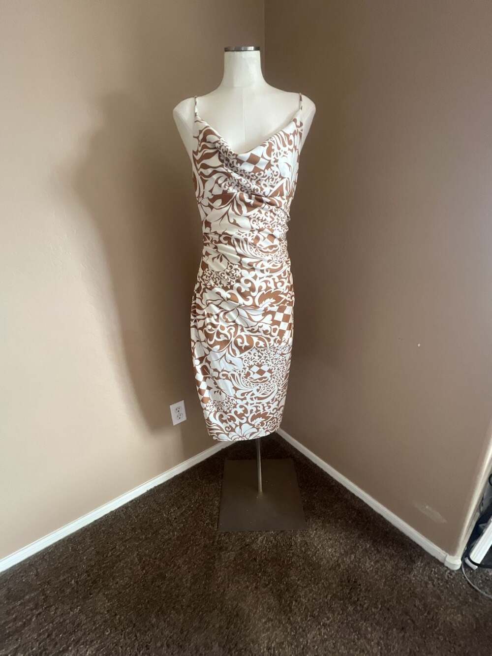 Y2K RUBY Brown and White Floral Print Cowl Neck Ruched Midi Dress